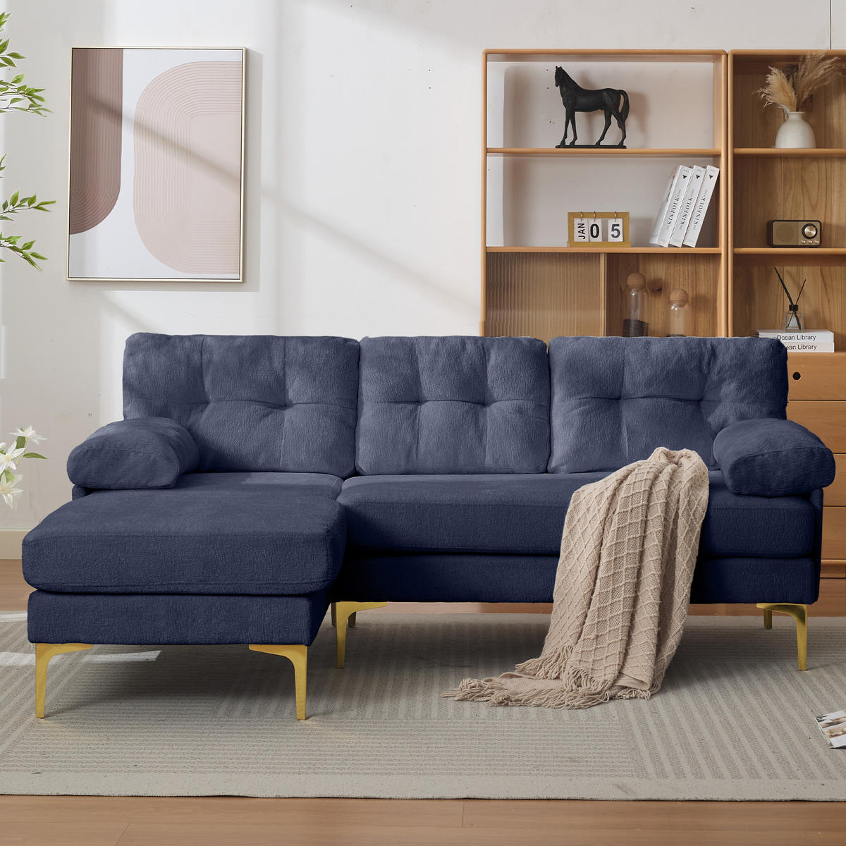 ECKSOFA 187.5/130/79 cm Blau mit 3 Sitzkissen und Stuhlbeine aus Metall - Blau, Textil (130/79/187.5cm) - Oxeza