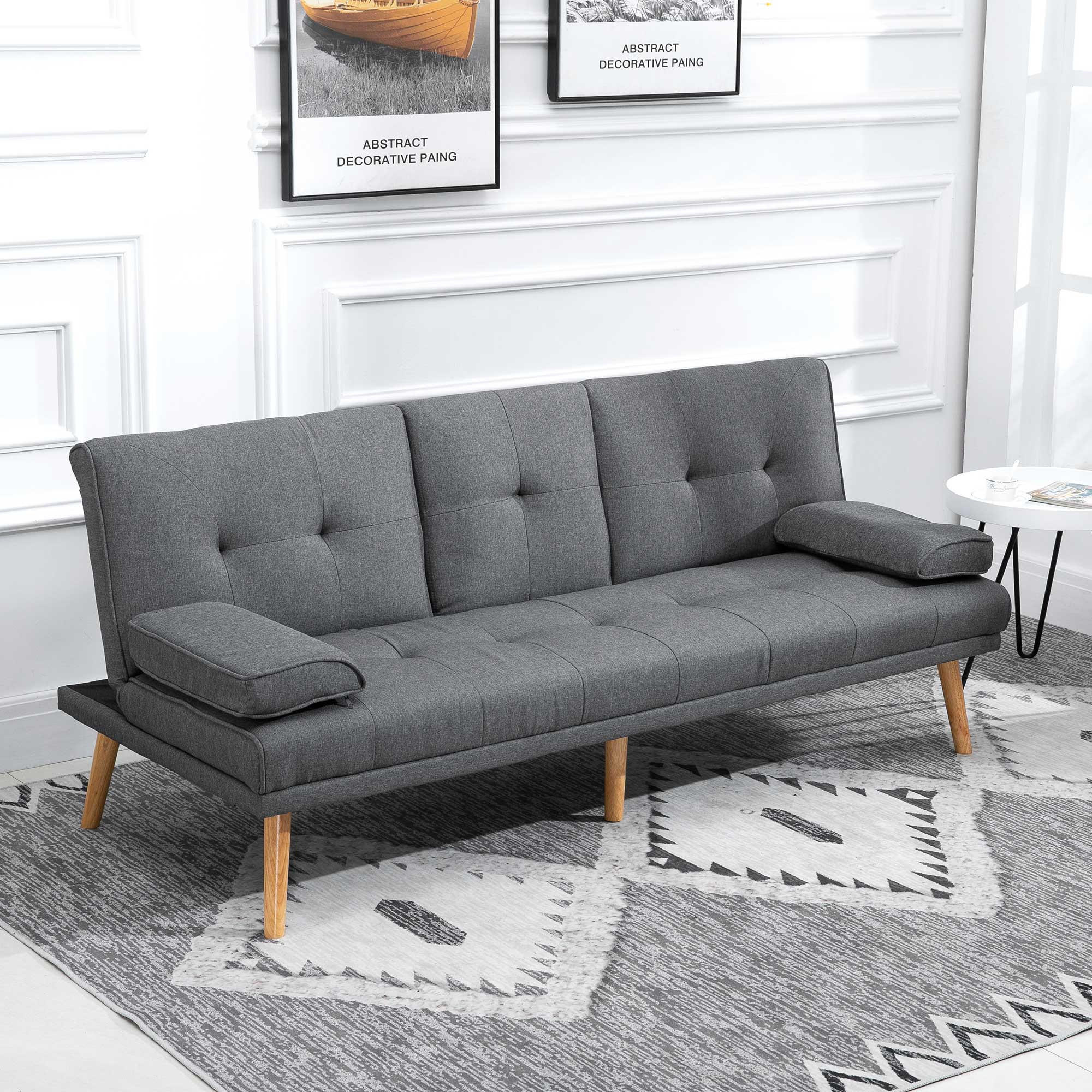SCHLAFSOFA 3-Sitzer-Sofa Bettsofa mit Klappbarem Tisch Stoffsofa mit Leinenoptik - Dunkelgrau/Naturfarben, Holz/Textil (77/78/181cm) - HOMCOM