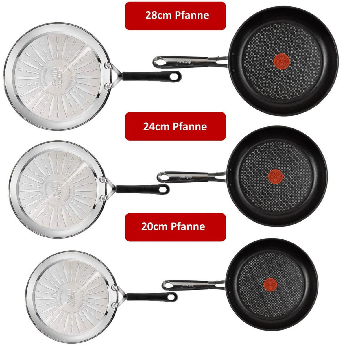 PFANNENSET Jamie Oliver 6-tlg 20/24/28 cm mit Glasdeckel Induktion - Silberfarben/Schwarz, Metall - Tefal