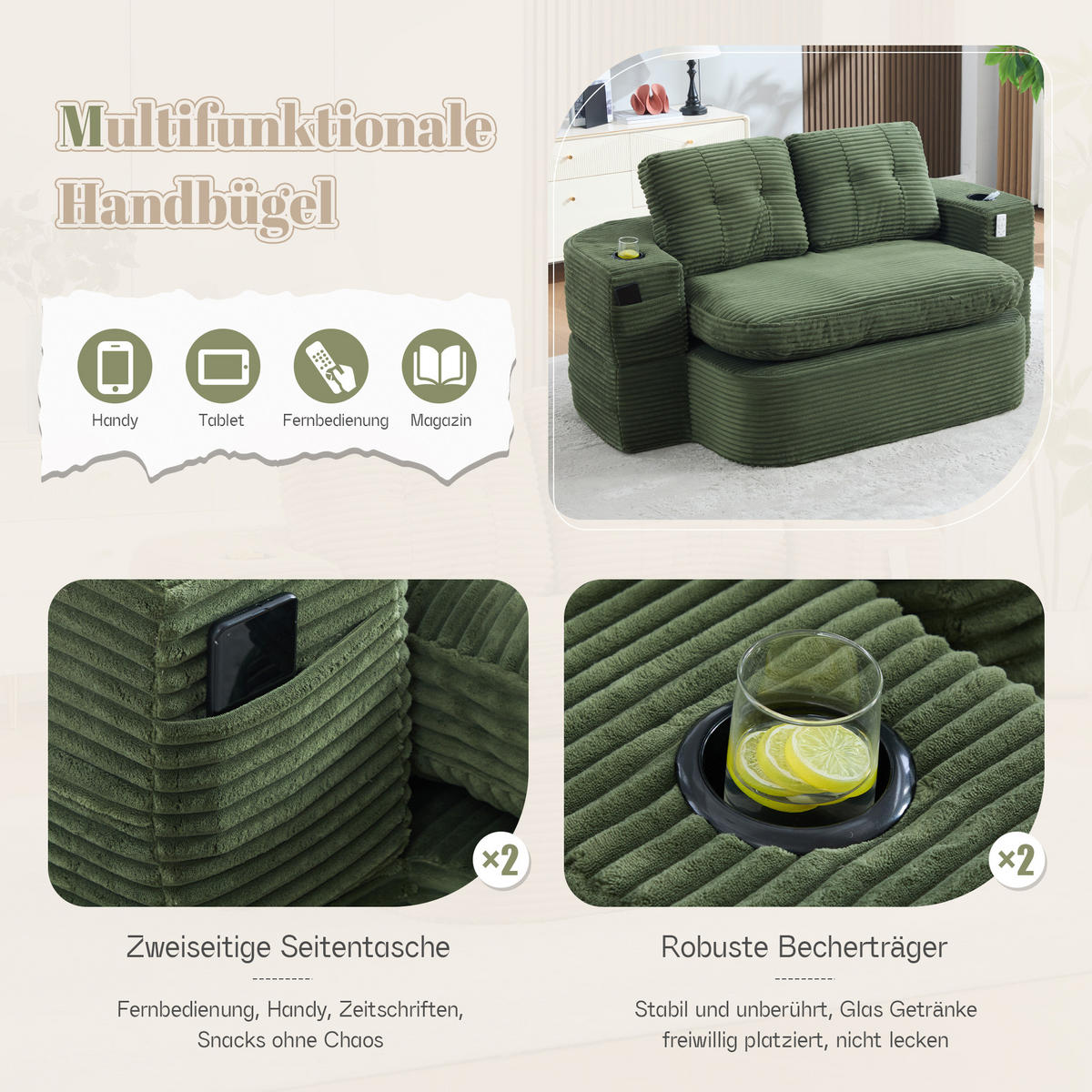 SCHLAFSOFA 2-in-1 Cordstoff Liegefunktion - Smaragdgrün, Textil (165/61/97cm) - Urban Meuble