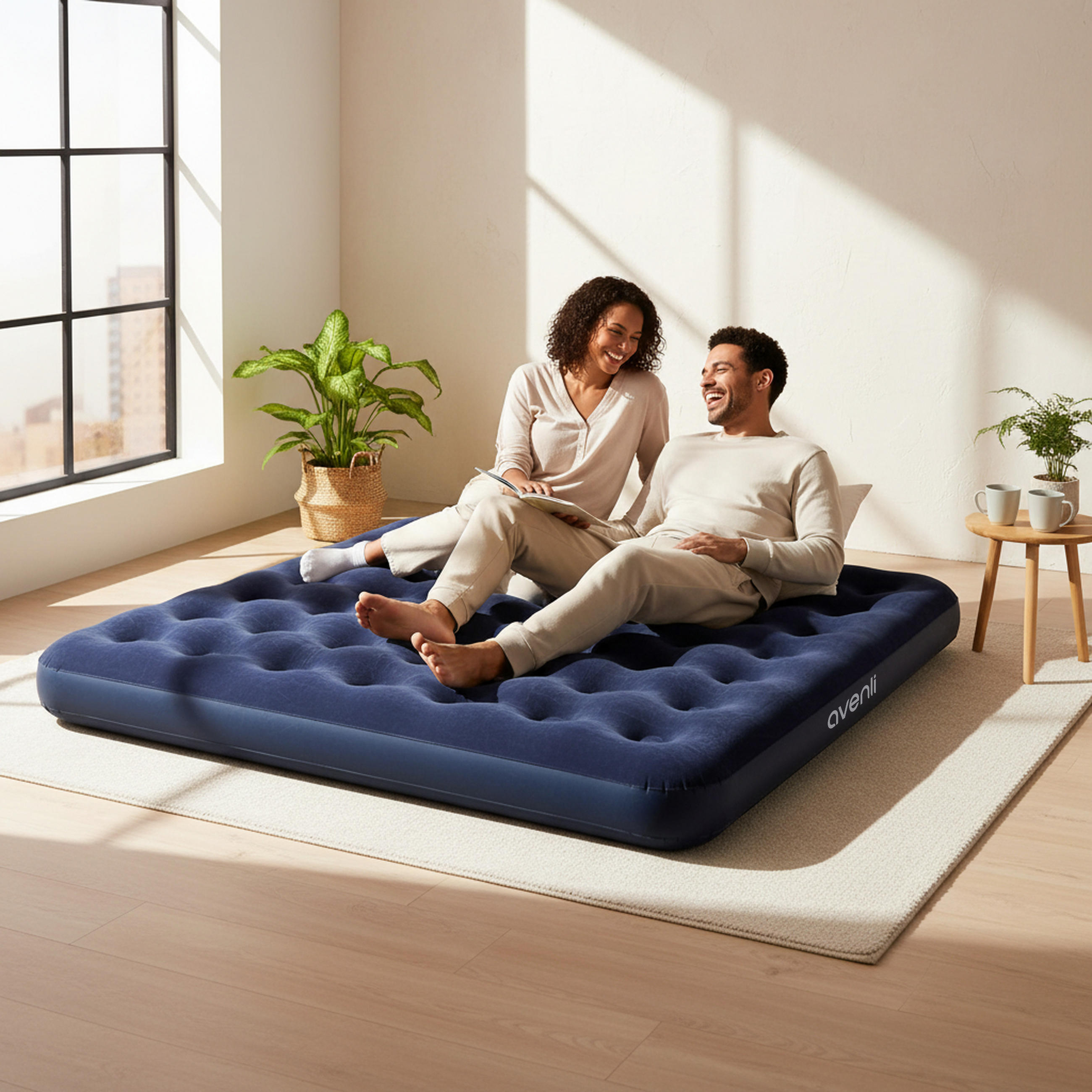 LUFTBETT Luftmatratze Camping 2 Personen 203x183x22cm blau aufblasbar ohne Pumpe - Blau, Kunststoff (183/203cm) - Avenli