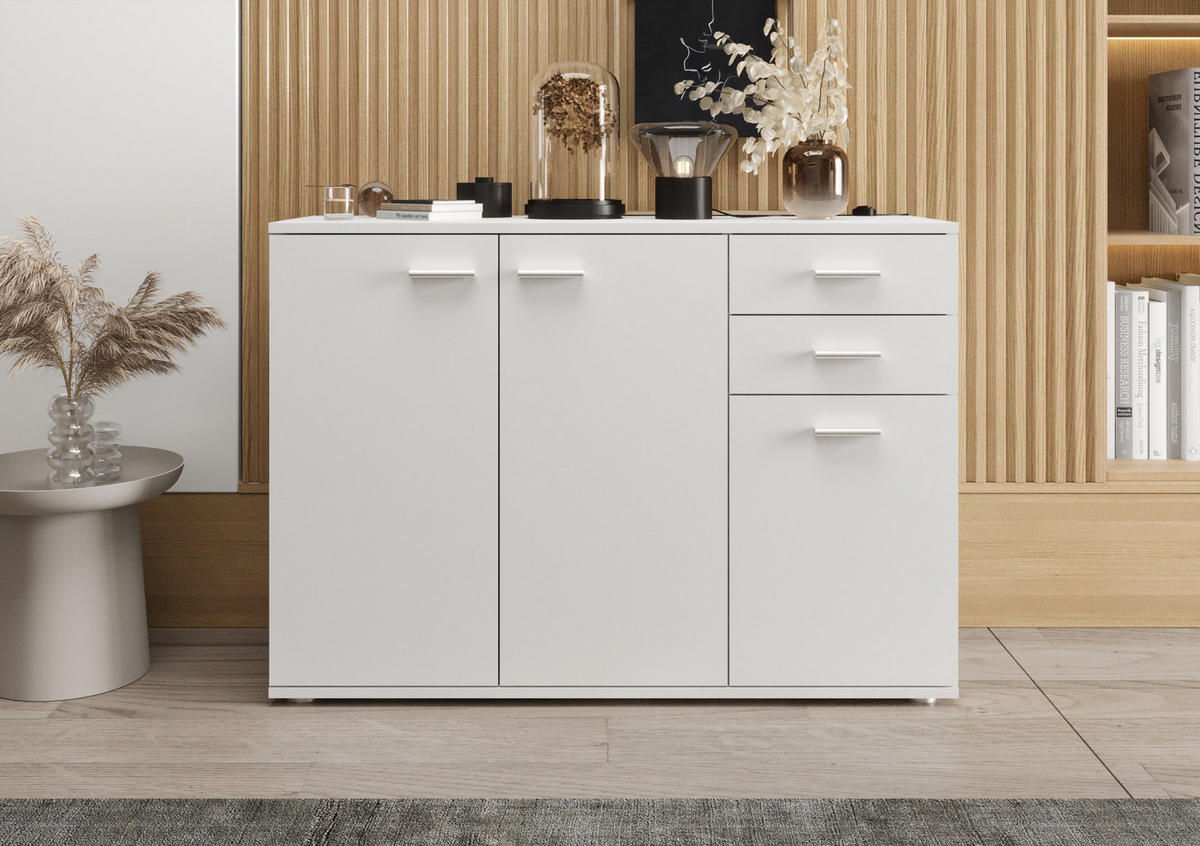 KOMMODE London LMK 3D2S mit 3 Türen, Sideboard in Farbe: Weiß, Größe: 106 x 75 x 35 cm - Weiß, Holzwerkstoff (106/75/35cm) - O-Sofa