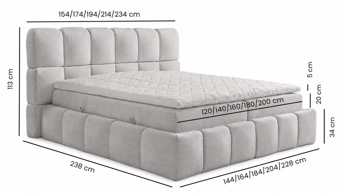 BOXSPRINGBETT AURA mit Topper und Bettkasten, Light grey, H3 Bonell, 200x200 cm - Hellgrau, Textil (200/200cm) - Labett