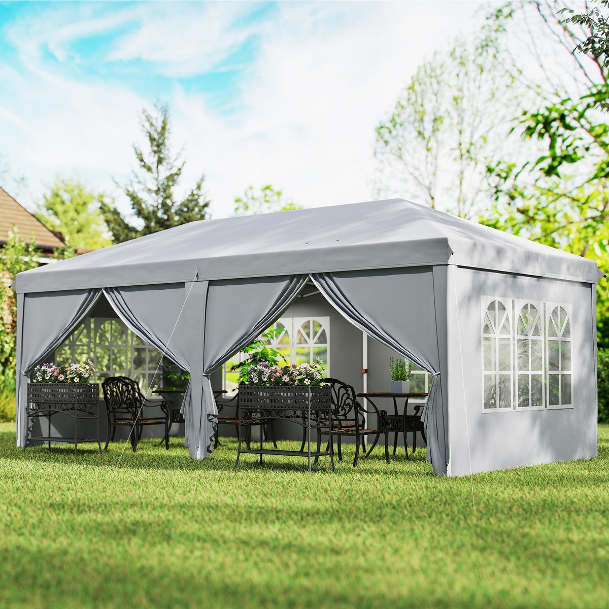 PAVILLON DE-14026 6/3 m, 4 Seitenwände, 4 Fenster Hellgrau - Hellgrau, Textil (295/270/585cm) - ComfortXL