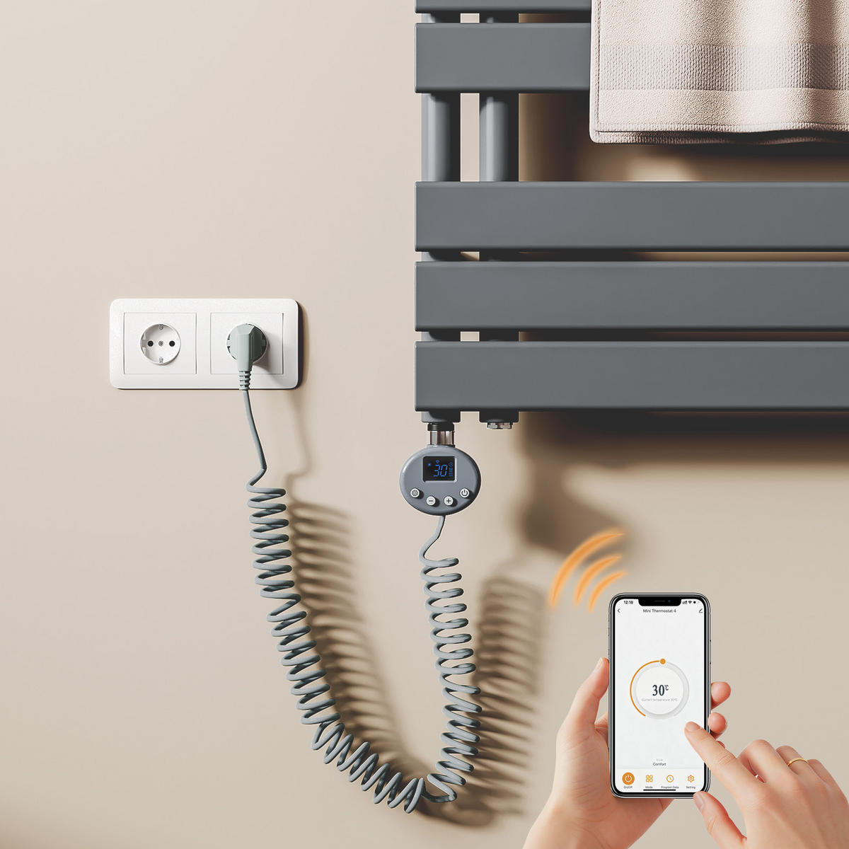 HEIZSTAB 600 W Anthrazit mit WLAN-Thermostat G1/2" für Handtuchheizkörper und Badheizkörper - Anthrazit, Metall (6.9/62/6.2cm) - S'AFIELINA
