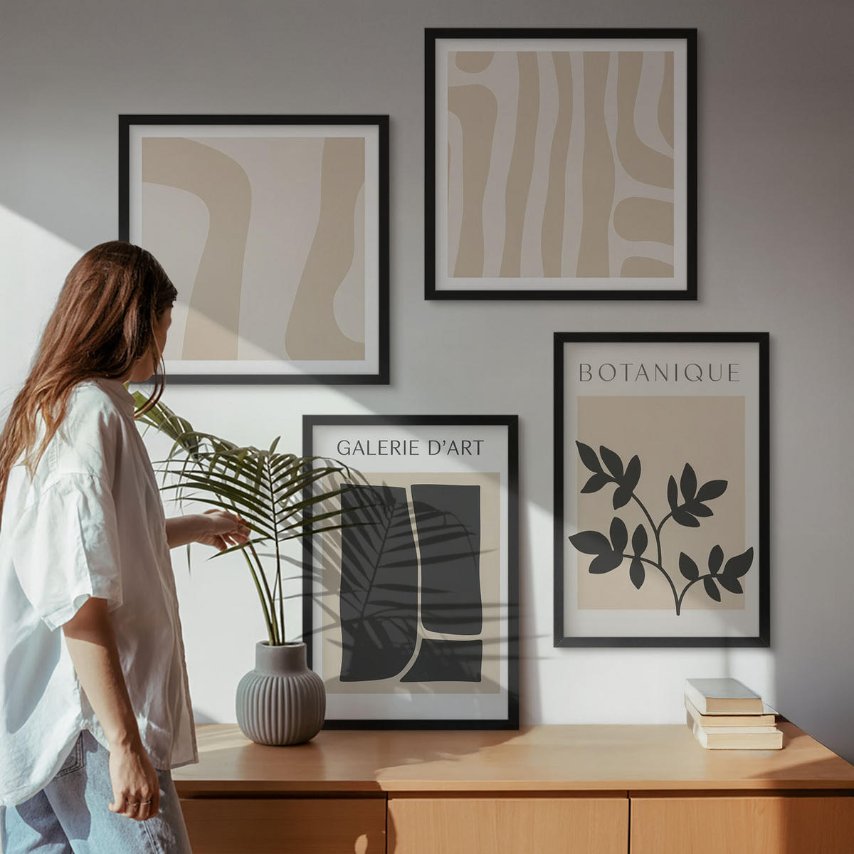 BILDER SET 4er Set - 50x50 cm & 40x60 cm Schwarzer Rahmen - Abstrakte Pflanzenmotive - Schwarz, Kunststoff (50/50cm) - TULUP