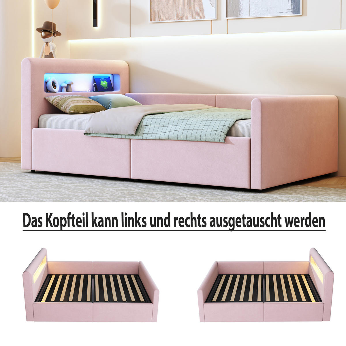 POLSTERBETT 90/200 cm Rosa aus Samtstoff mit Stauraum - Rosa, Textil (90/200cm) - OKMYHOME
