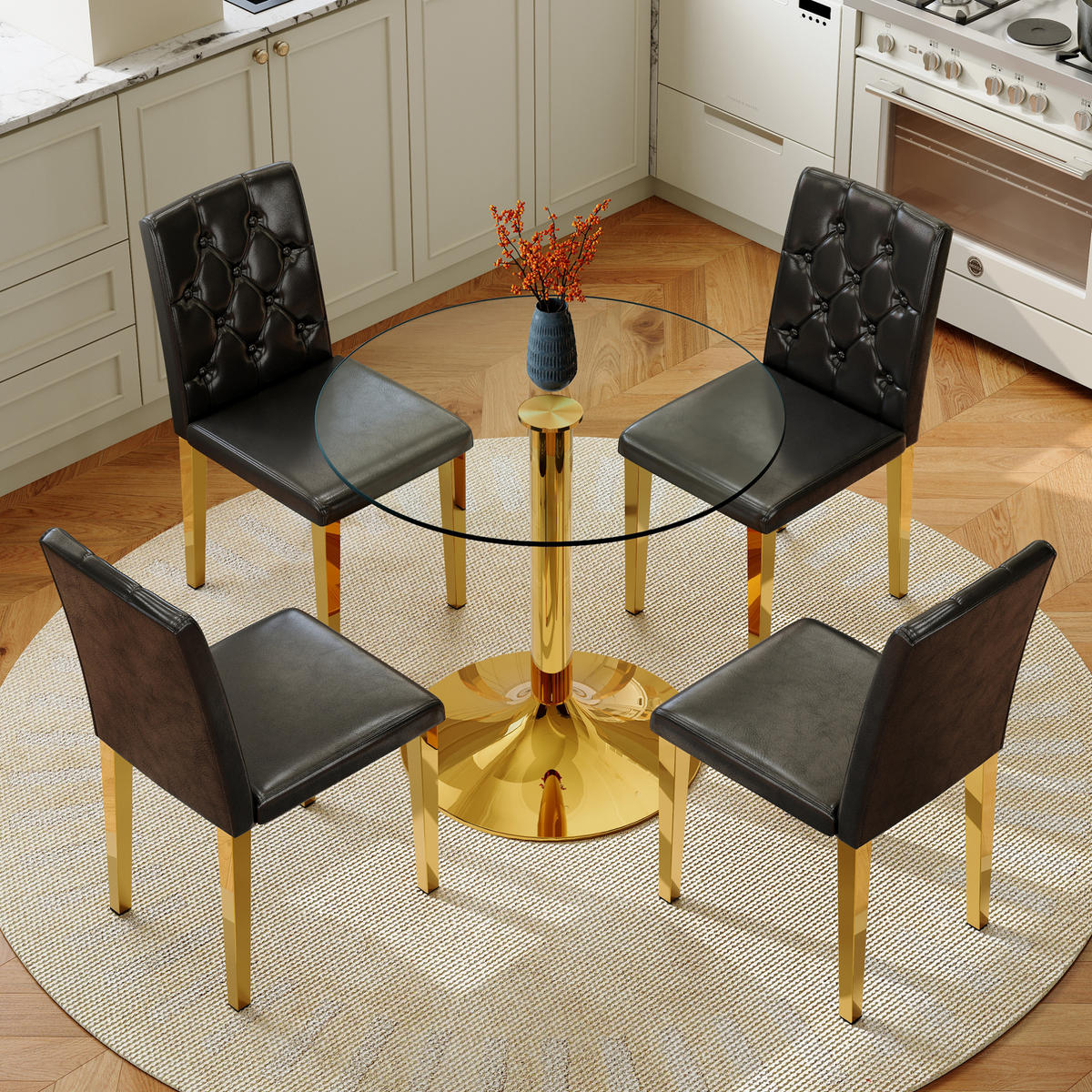 ESSGRUPPE aus Glastisch und 4 Stühlen 85 cm Schwarz/Gold - Multicolor, Metall (85/76/85cm) - Meubliv