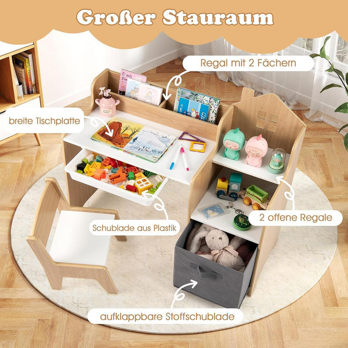 KINDERSCHREIBTISCHE mit Stühlen natur(2-tlg) - Naturfarben, Holzwerkstoff (94/76.5/50cm) - COSTWAY