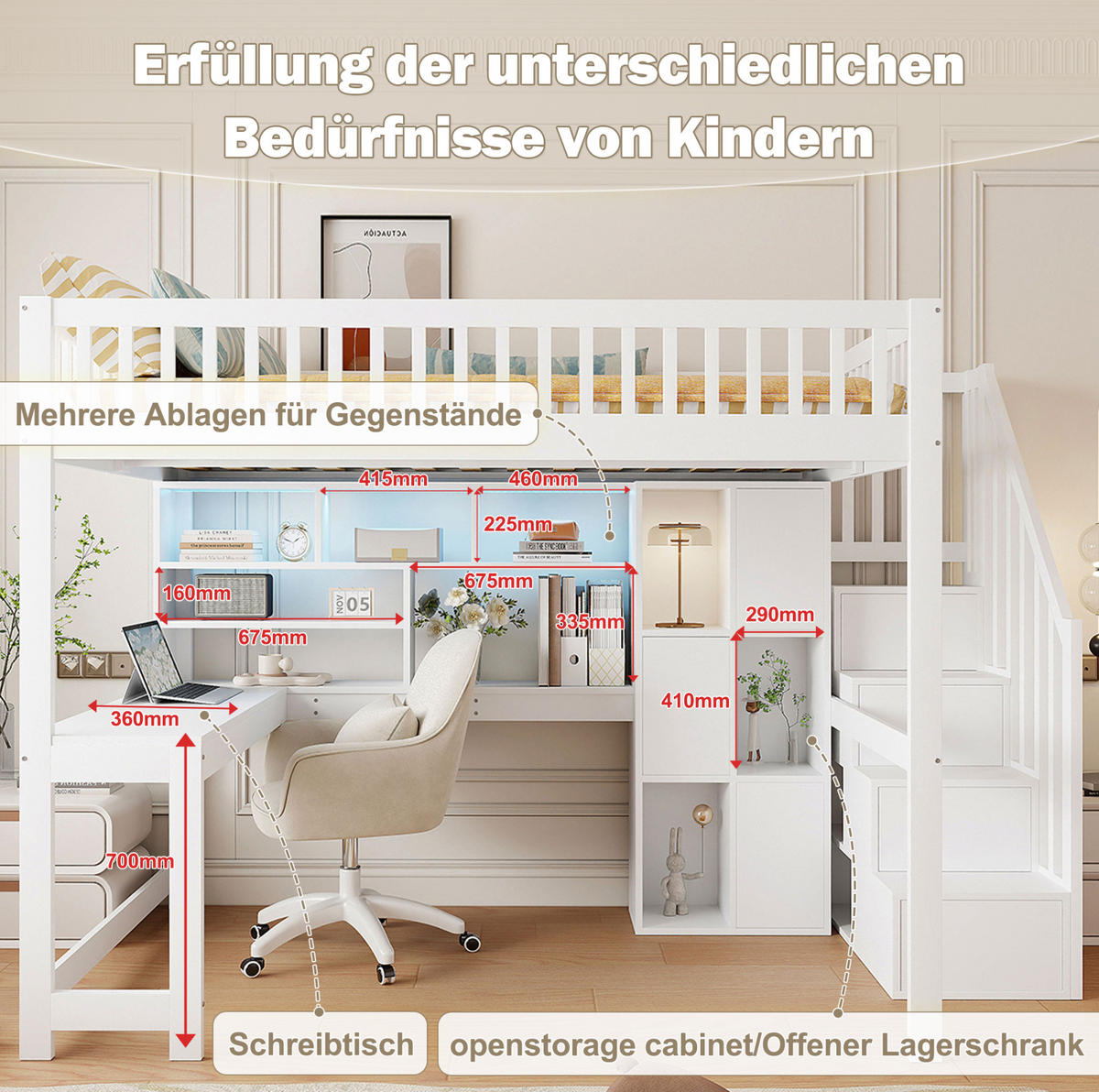 HOCHBETT 140/200 cm Weiß mit LED und Schreibtisch ohne Matratze - Weiß, Holz (140/200cm) - MIVRAY