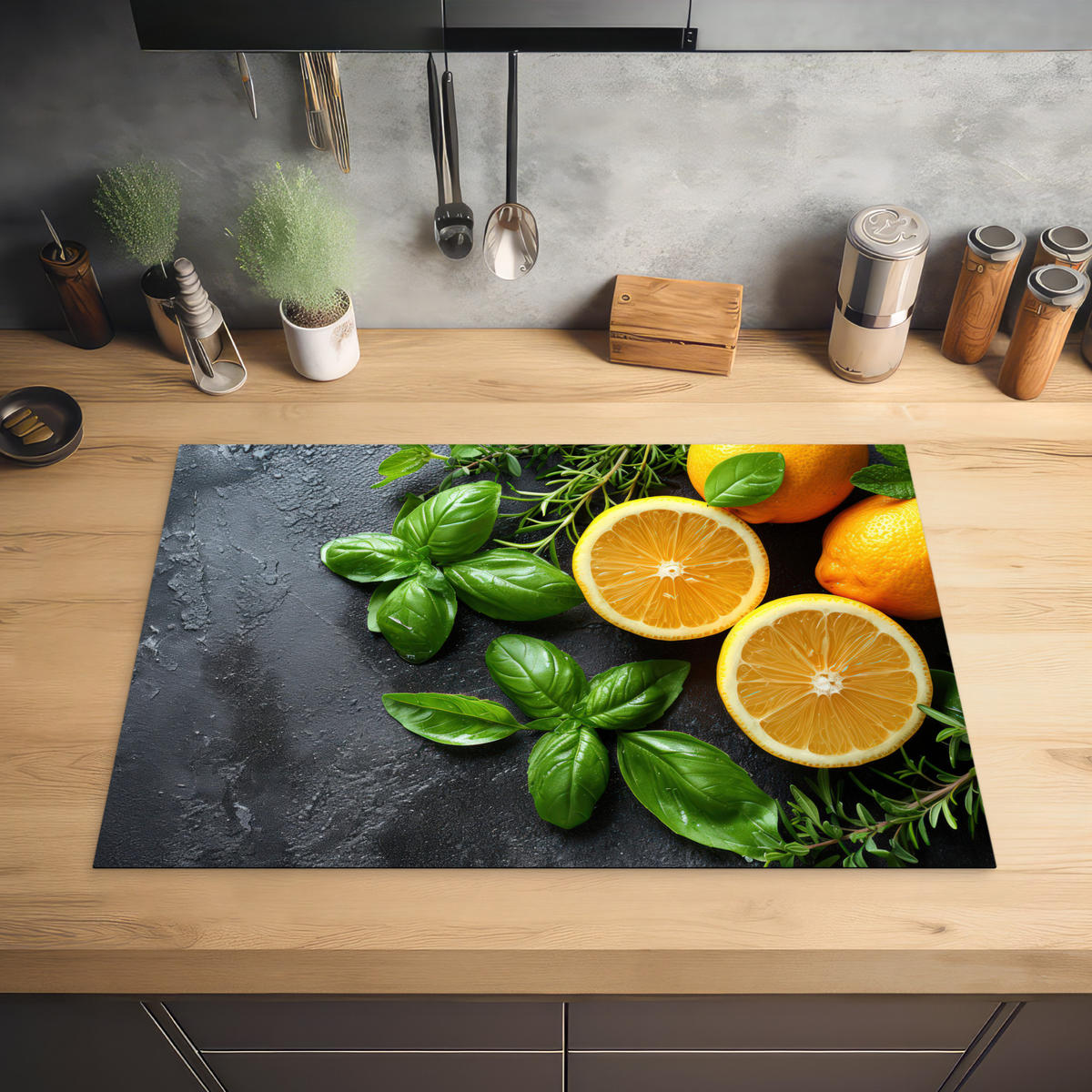 HERDABDECKPLATTE Obst - Grau - Konkret - Orange - Pflanzen Induktionsmatte 77x51 cm - Anthrazit, Kunststoff (77/51/0.2cm) - MuchoWow