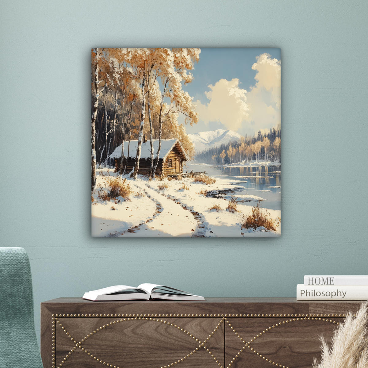 LEINWANDBILD Winter - Schnee - Zuhause - Natur Wandbild Wohnzimmer 50x50 cm - Hellbraun, Textil (50/50cm) - MuchoWow