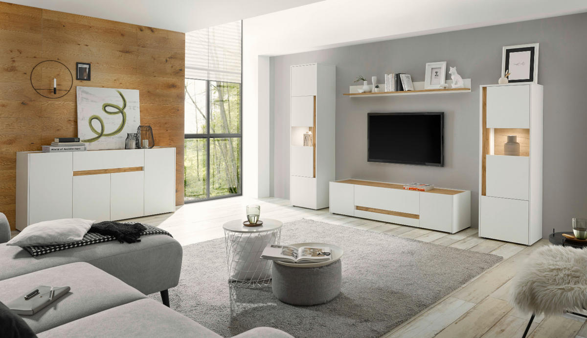 TV-LOWBOARD weiß, Eiche Wotan 170 cm, TV-Unterteil mit Doppelschubkasten - Eiche Wotan/Schwarz, Holz/Holzwerkstoff (170/40/45cm) - Furn.Design