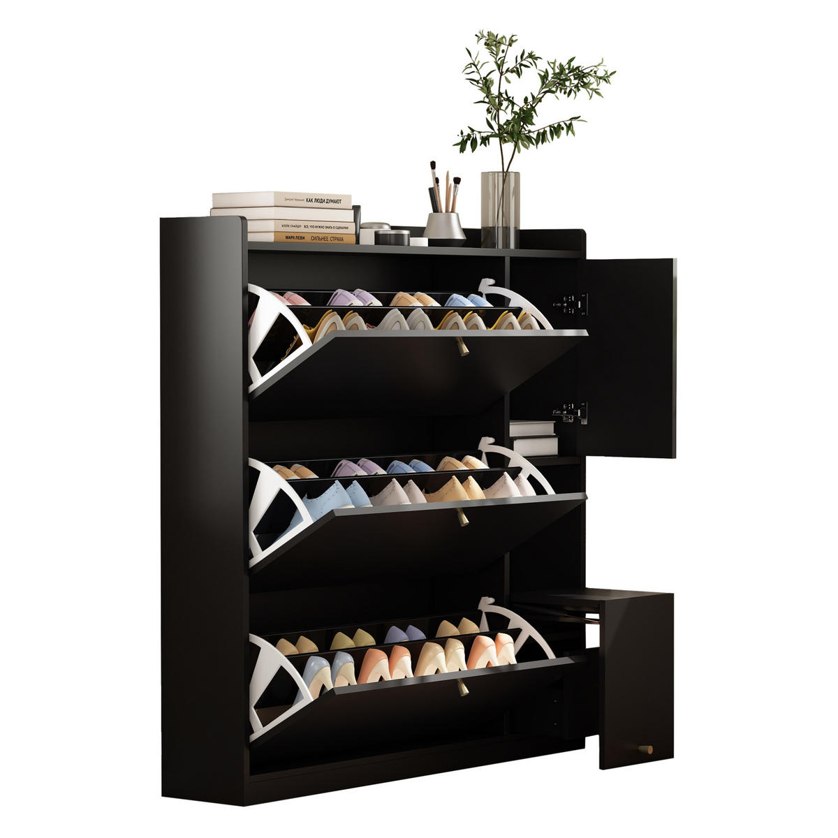 SCHUHSCHRANK 119/24/122 cm in Schwarz mit 3 Klappen und klappbarer Sitzbank - Schwarz, Holzwerkstoff (119/122/24cm) - Flora Grace
