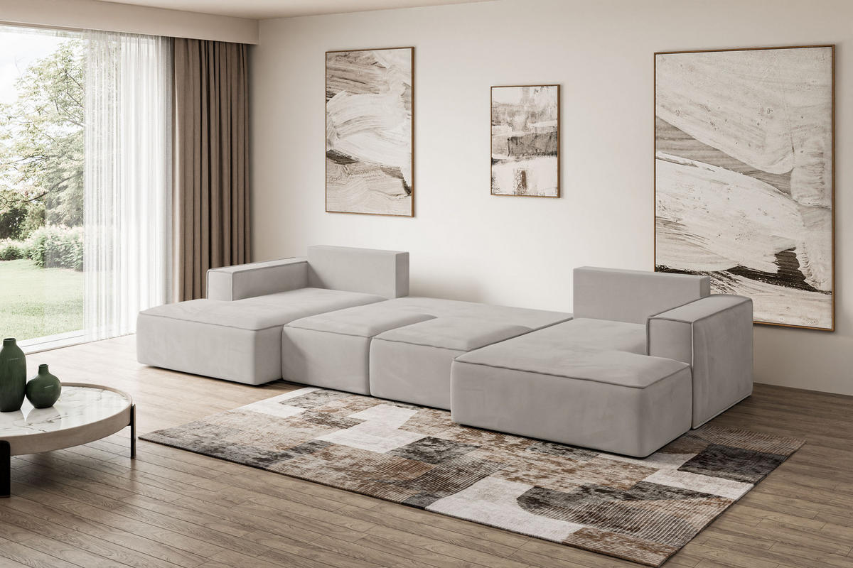 WOHNLANDSCHAFT mit Schlaffunktion und Bettkasten SIERRA-U-S - 349x161x87 cm Hellbraun Velours - Hellbraun/Schwarz, Holzwerkstoff/Kunststoff (349/87/161cm) - ALTDECOR