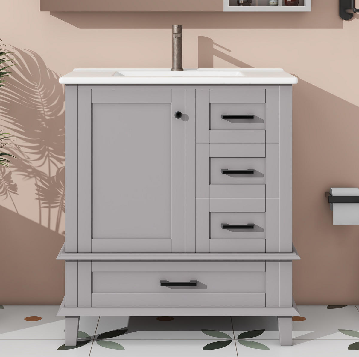 WASCHTISCHKOMBI mit Keramikbecken 76x46x83.5cm in Grau, 1 Schublade & 3 Türen - Grau, Holzwerkstoff (76/83.5/46cm) - Modfu
