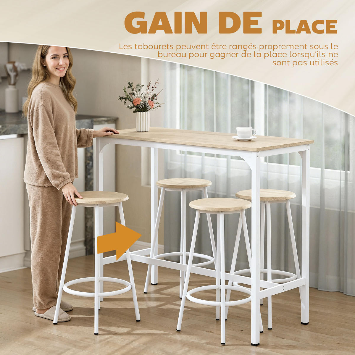 BARTISCH-SET DE-14809 4 Hocker mit Fußstütze Holzoptik/Weiß - Braun, Metall (110/50/89.5cm) - ComfortXL