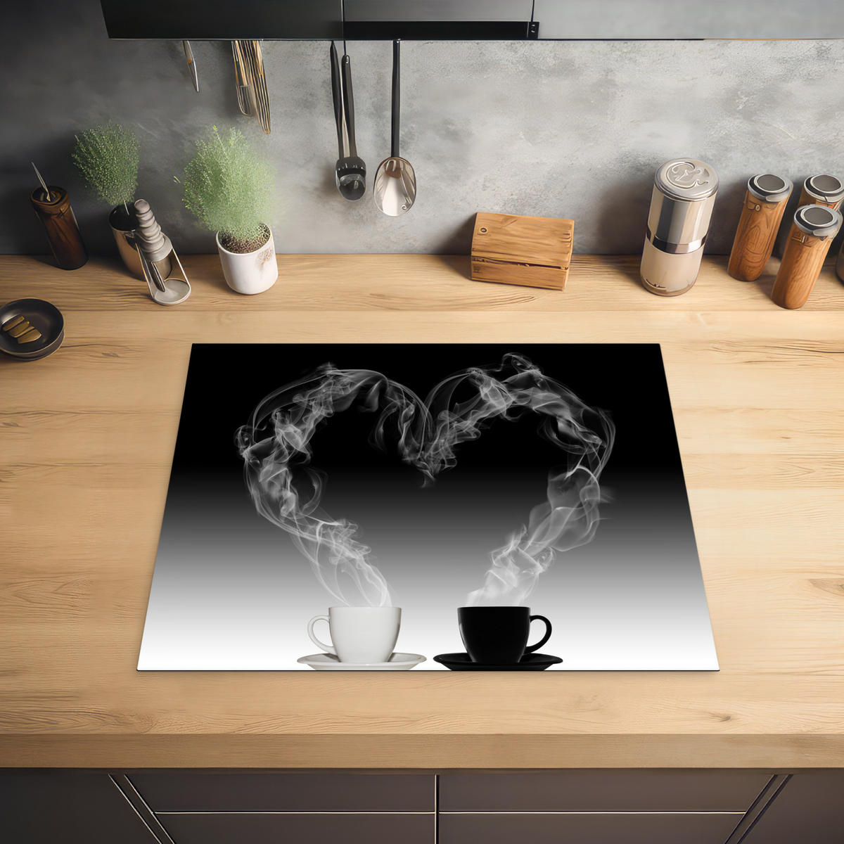 HERDABDECKPLATTE Kaffee - Herz - Schwarz und weiß - Tassen 65x52 cm - Weiß, Kunststoff (65/0.2/52cm) - MuchoWow