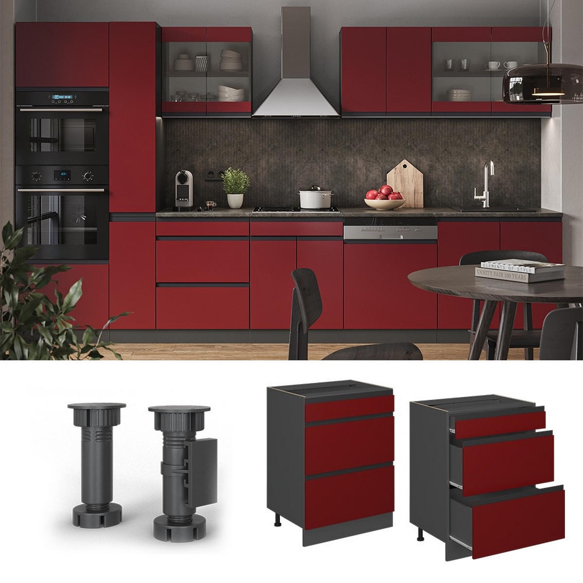 KUHINJSKI DONJI ORMAR S LADICAMA R-Line Crvena 60 cm J-Shape RP mramor - crvena/antracit, drvni materijal (60/81.6/60cm) - Vicco