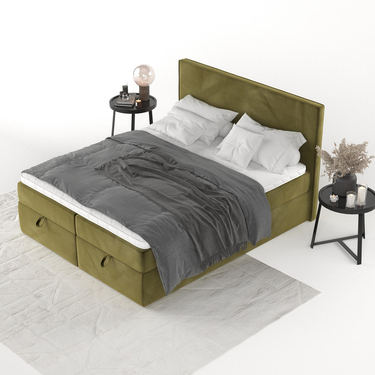 BOXBETT Velma 160/200 cm Olivgrün im Kronos Stoff - Schwarz/Olivgrün, Holz/Holzwerkstoff (160/200cm) - AltaBeds