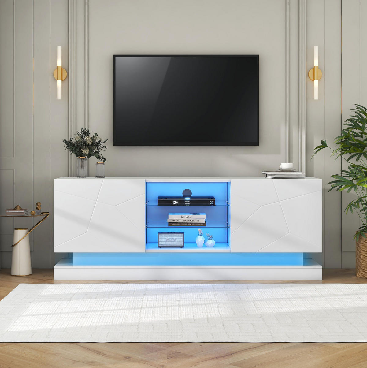 TV-LOWBOARD 160/38,5/60 cm in Weiß mit Glasablage und Kabelmanagement - Weiß, Holzwerkstoff (160/60/38.5cm) - Flora Grace