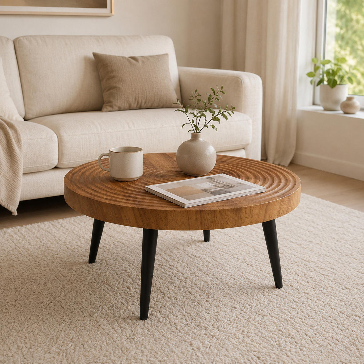 COUCHTISCH DE-37427 rund mit Jahresring-Optik Braun - Braun, Holz (60/60/37cm) - ComfortXL