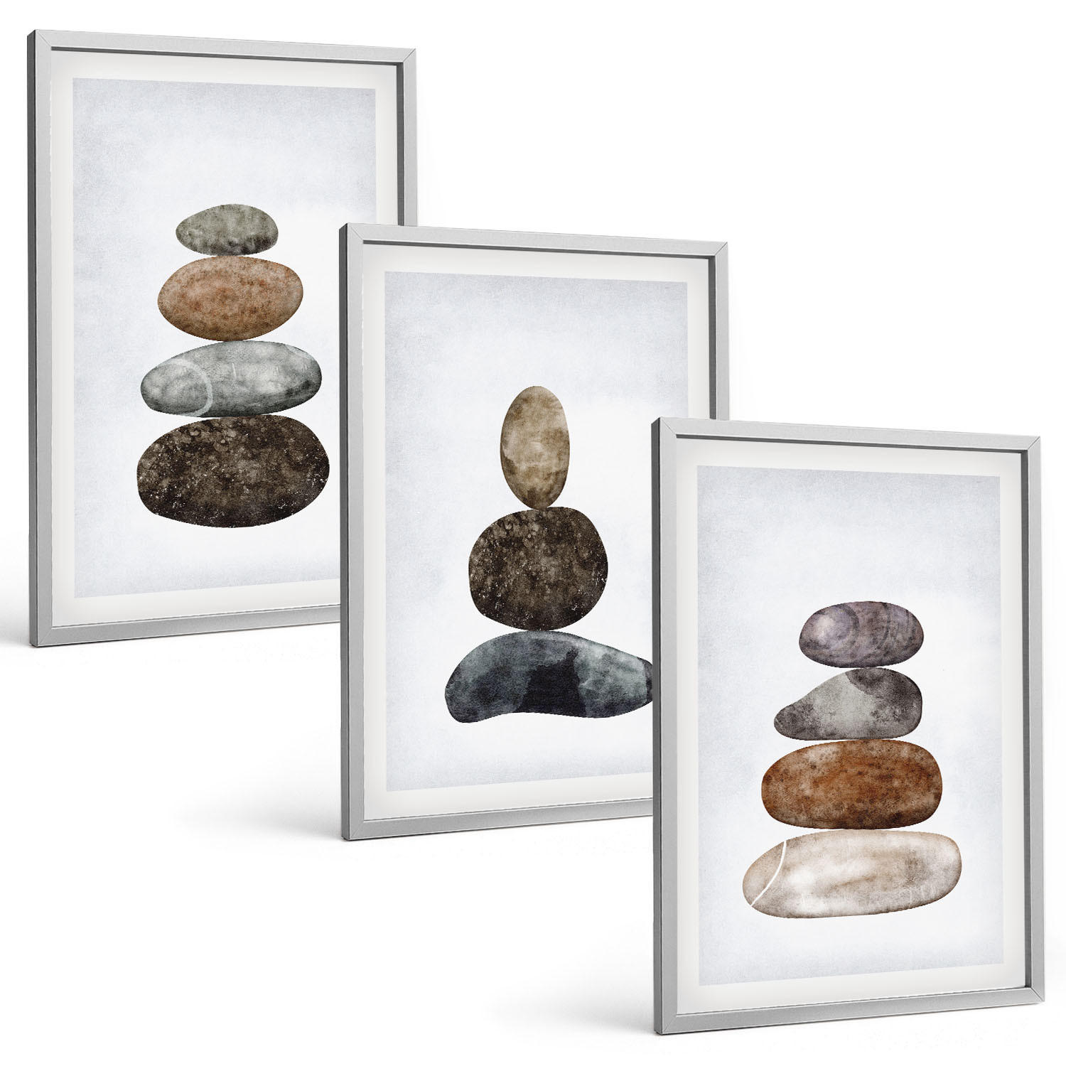 BILDER SET 3er Set - 40x60 cm Silberner Rahmen - Minimalistische Boho-Steine - Silberfarben, Kunststoff (40/60cm) - TULUP