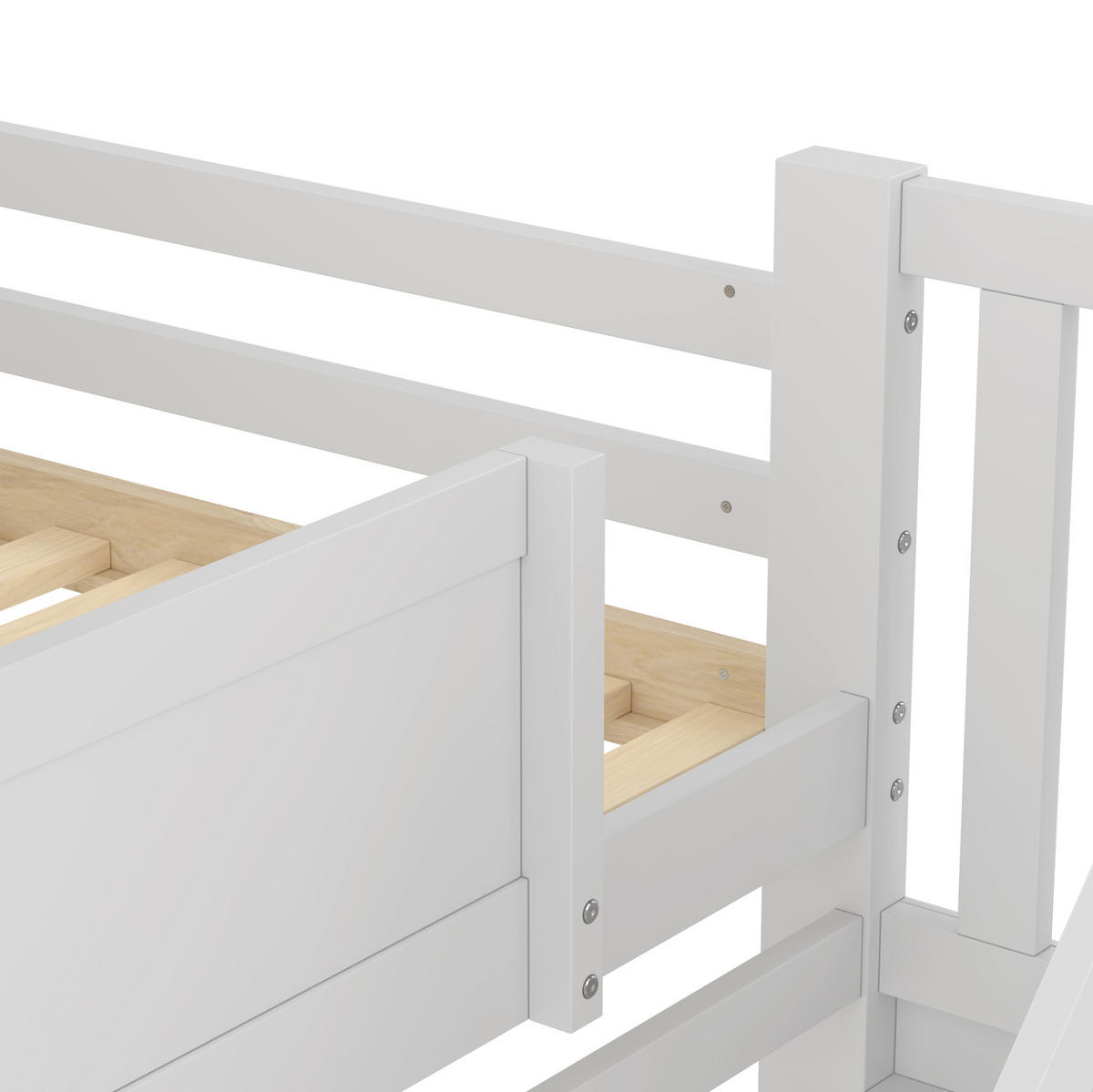 ETAGENBETT aus Kiefernholz 90x200 cm Weiß/Natur mit Ausziehbett, Stauraumtreppe und Sicherheitsgeländer - Weiß, Holz (90/200cm) - Modfu