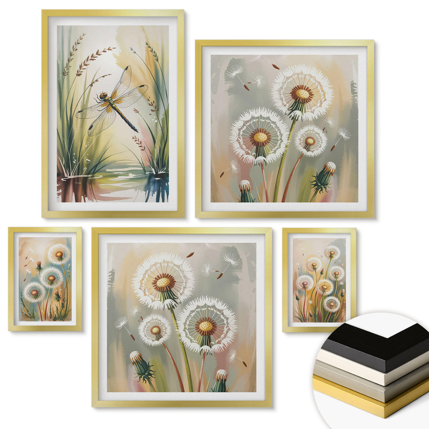 WANDBILDER 5er Set - 50x50 cm & 20x30 cm & 40x60 cm Goldrahmen - Pastellfarbene Löwenzahnblüten - Goldfarben, Kunststoff (40/60cm) - ArtPrintCave