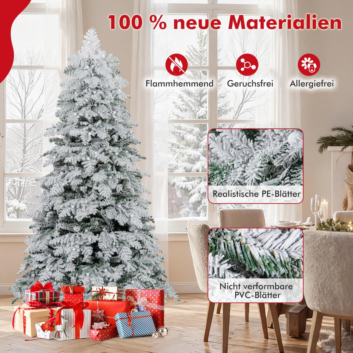 WEIHNACHTSBAUM mit 130 funkelnden Kugeln und Schnee 180 cm weiß - Weiß, Metall (180cm) - COSTWAY
