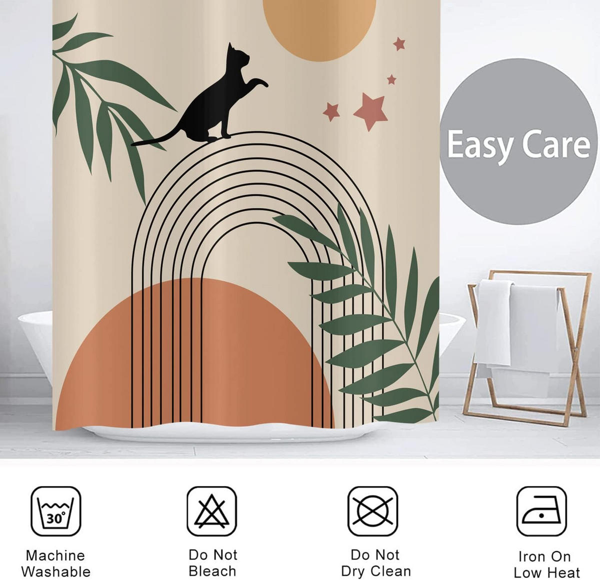 DUSCHVORHANG Boho Schwarz Katze Grün Blatt Beige Badewanne modern minimalistisch mit Haken - Multicolor, Textil (180/180cm) - MCBOSON