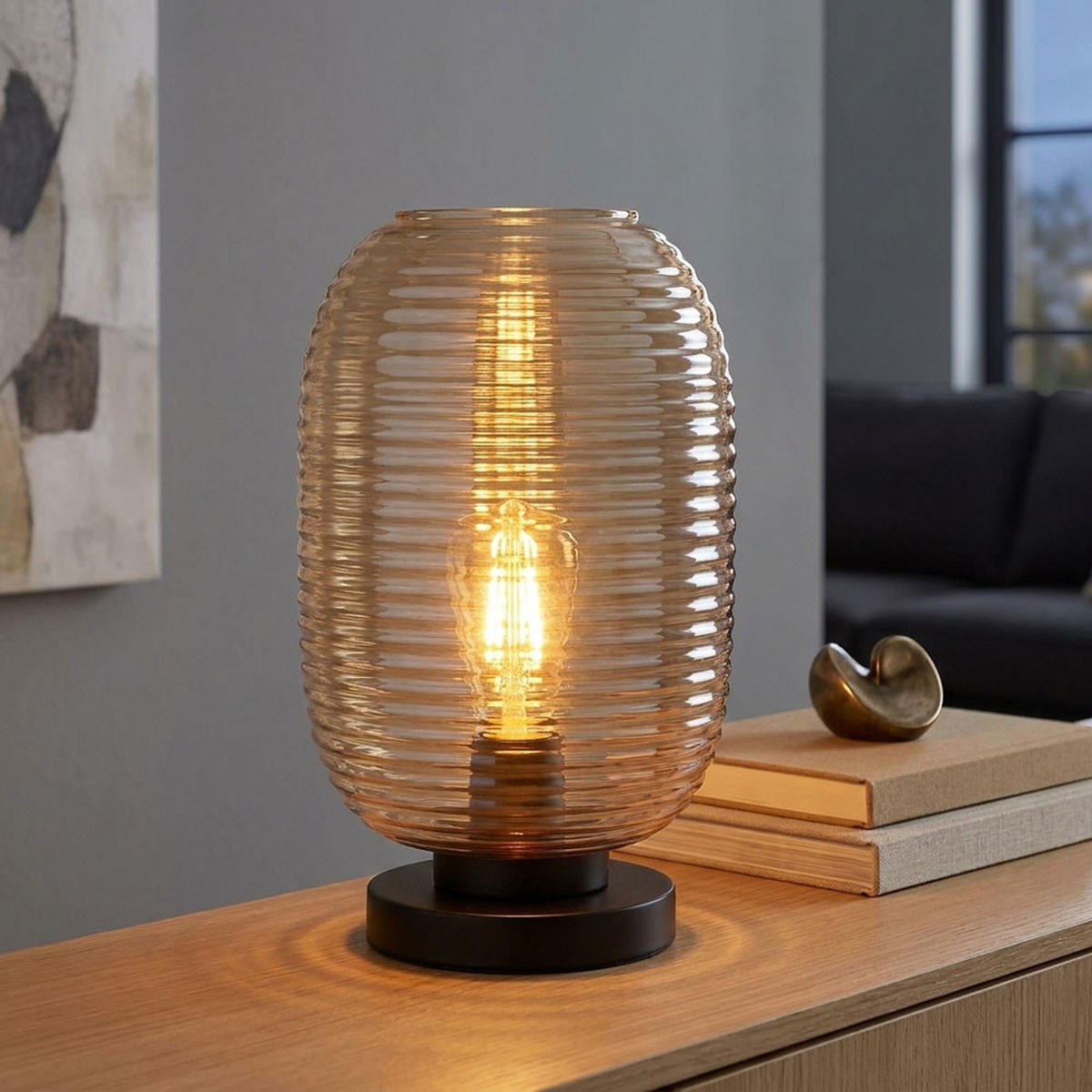 TISCHLEUCHTE Glas Amber Schwarz - Orange, Glas (20/20/34.5cm) - Globo Lighting
