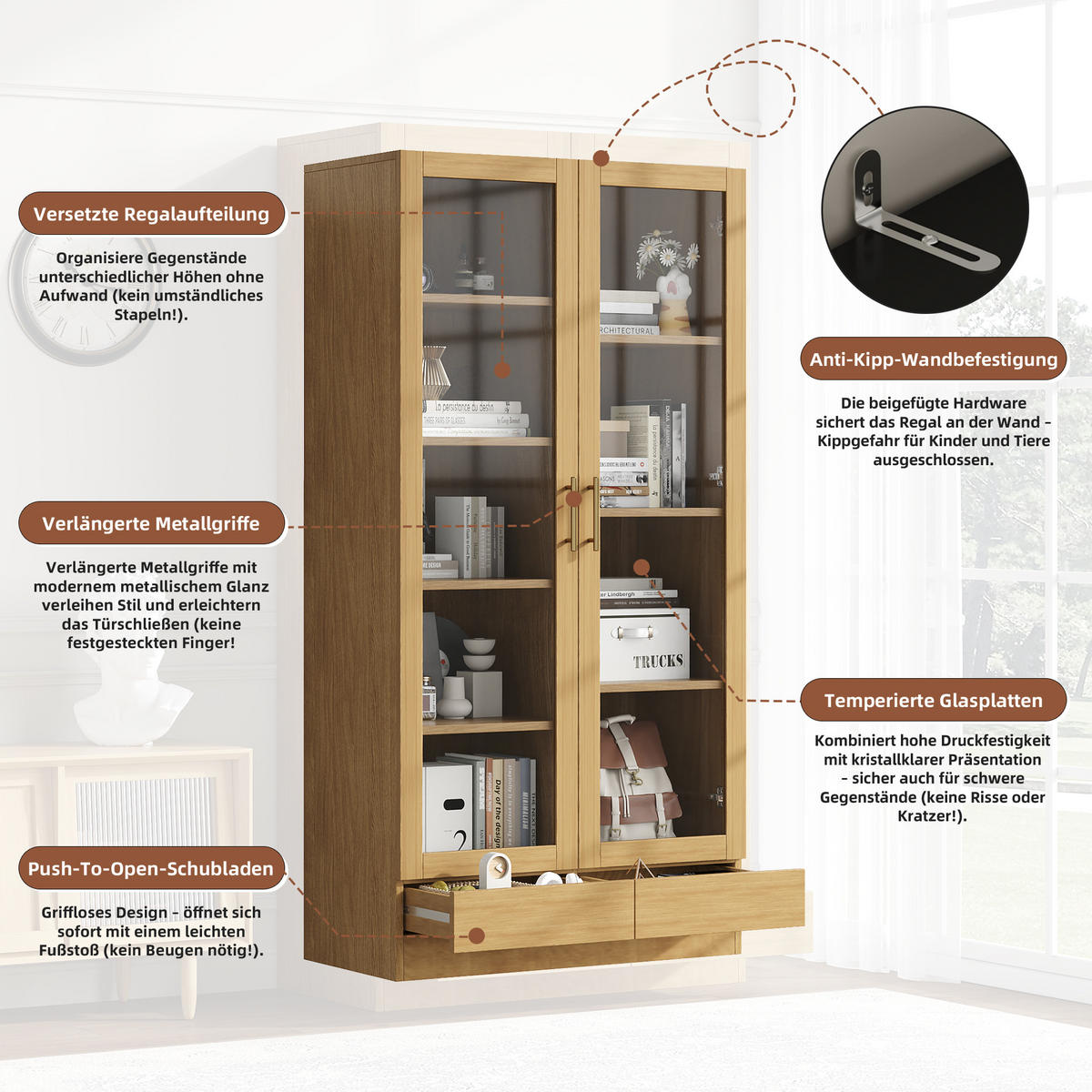 GLASVITRINE 80x40x160cm Holzfarbe Büroregal Push-To-Open-Schubladen - Naturfarben, Holz (40/160/80cm) - FLIEKS
