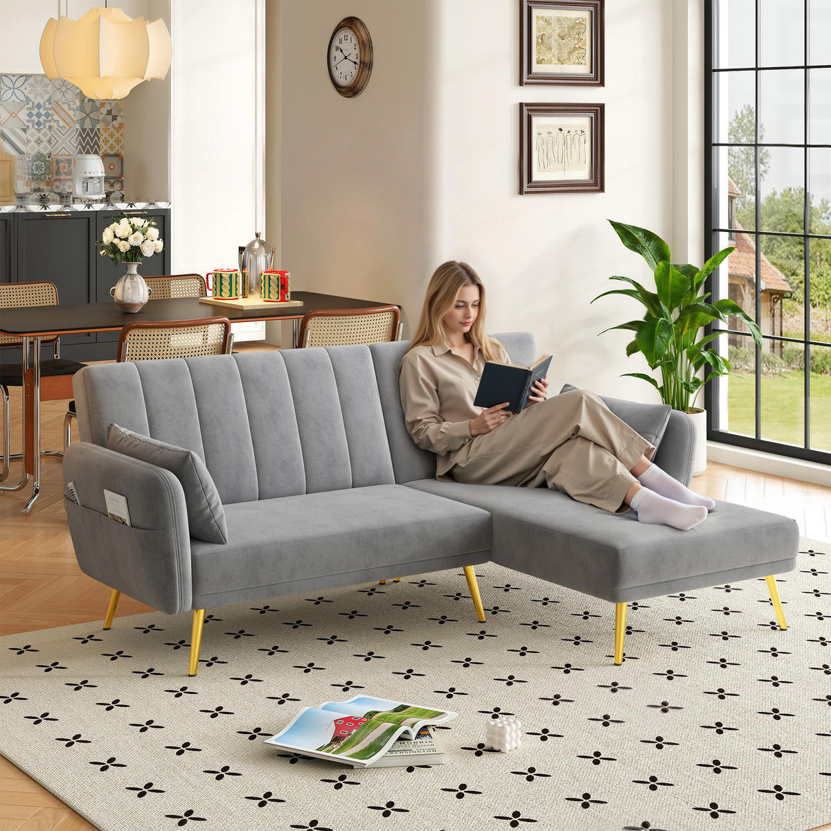 ECKSOFA aus Samt 191,5x130,5x80 cm in Grau mit Schlaffunktion - Grau, Textil (130.5/80/191.5cm) - Modfu
