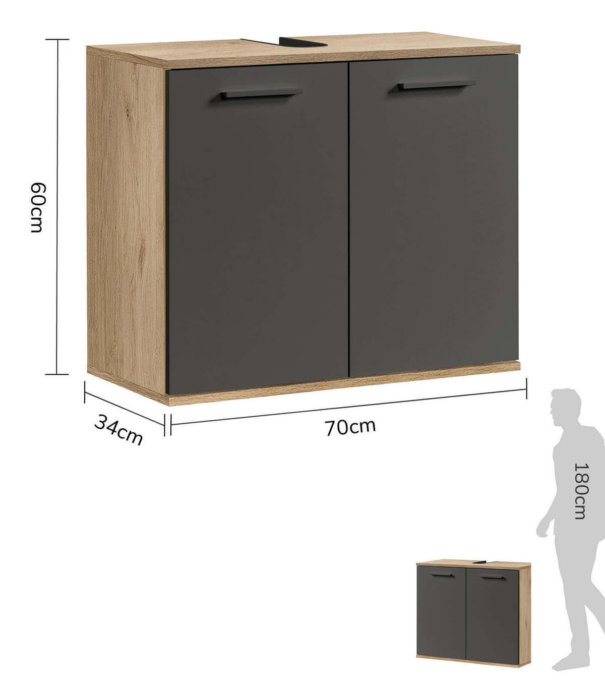 WASCHBECKENUNTERSCHRANK Der Waschbär - Anthrazit, Holzwerkstoff (70/60/34cm) - Mokebo