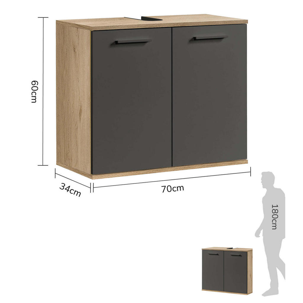 Thumbnail - Mokebo Waschbeckenunterschrank, Anthrazit, Holzwerkstoff, 1 Fächer, 70x60x34 cm, Badezimmer, Badezimmerschränke, Waschbe...