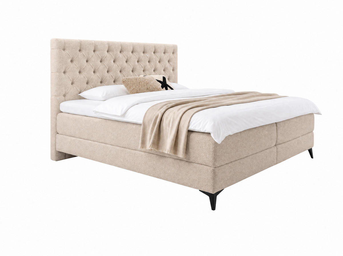 BOXBETT Amber Hellbeige 160/200 cm Boucle mit Bettkasten, mit Matratze, mit Premium Topper H3/H4 - Beige/Schwarz, Textil (160/200cm) - wonello