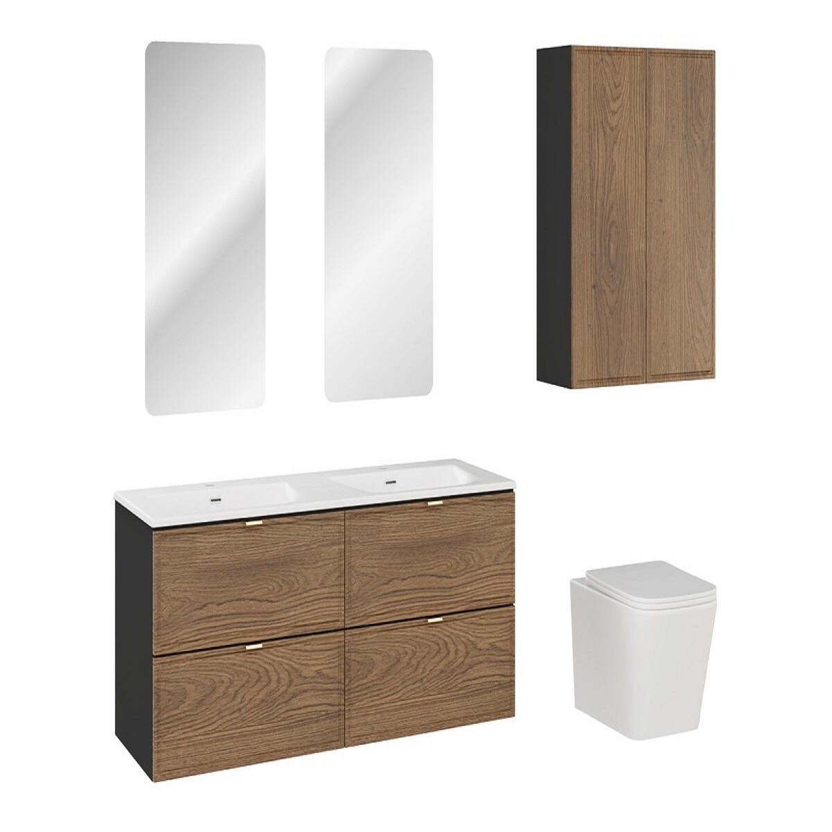 BADMÖBEL-SET 8 Teile - Talia Casella T BM92 in Schwarz Matt/Casella Oak - Hellbraun/Goldfarben, Holz/Metall (120/50/46cm)