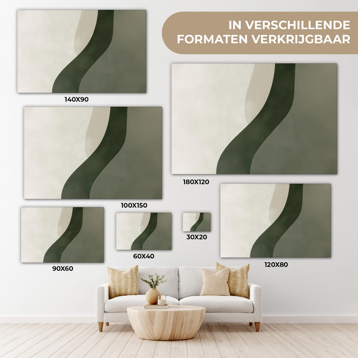 LEINWANDBILD Japandi - Grün - Abstrakt - Modern Deko Schlafzimmer 30x20 cm - Olivgrün, Textil (30/20cm) - MuchoWow