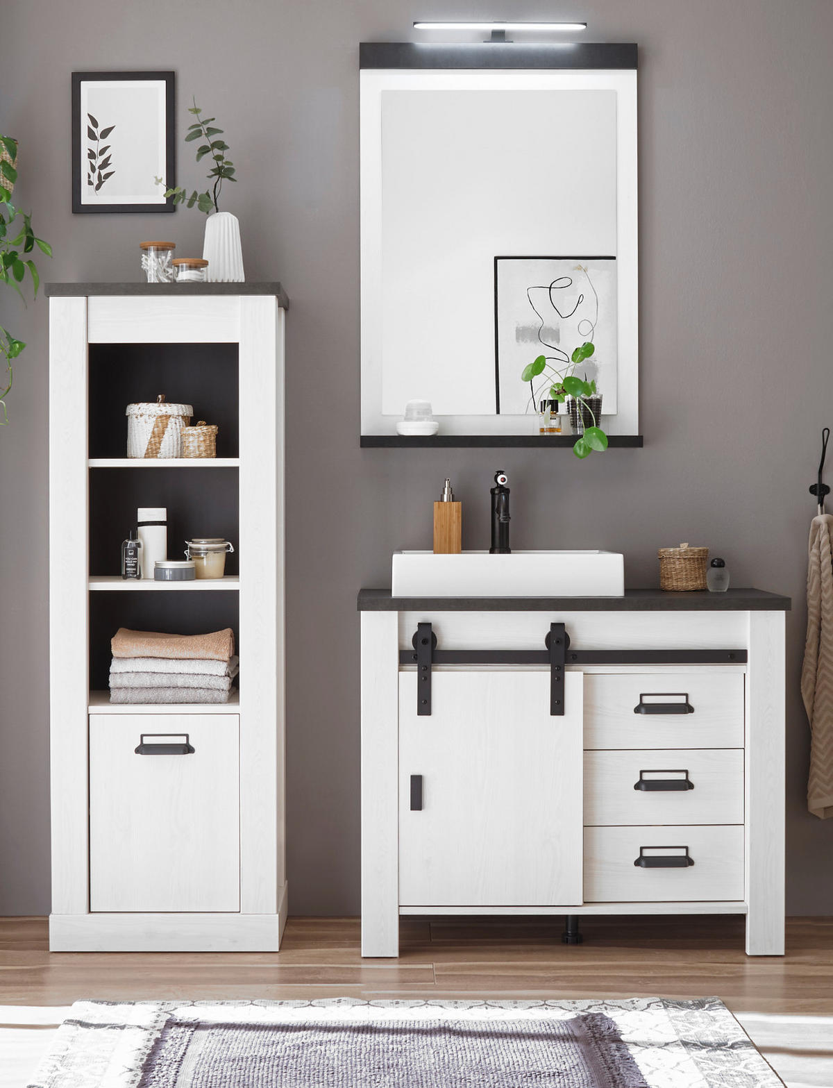 BADMÖBEL-SET 5-teilig weiß Pinie, anthrazit Landhaus, Badkombination MIT Waschbecken und Spiegellampe - Anthrazit/Weiß, Holzwerkstoff/Metall (165/210/43cm) - Furn.Design