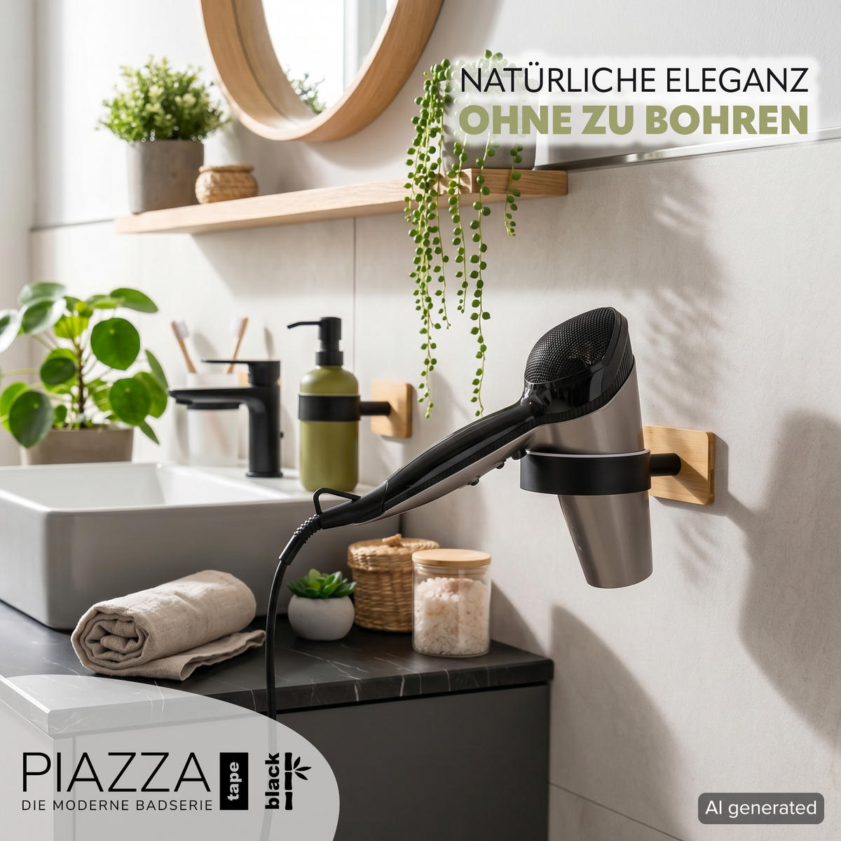 FÖHNHALTER PIAZZA BLACK TAPE BAMBUS, Edelstahl, Bambus, schwarz - Schwarz, Metall (10/6/14cm) - bremermann