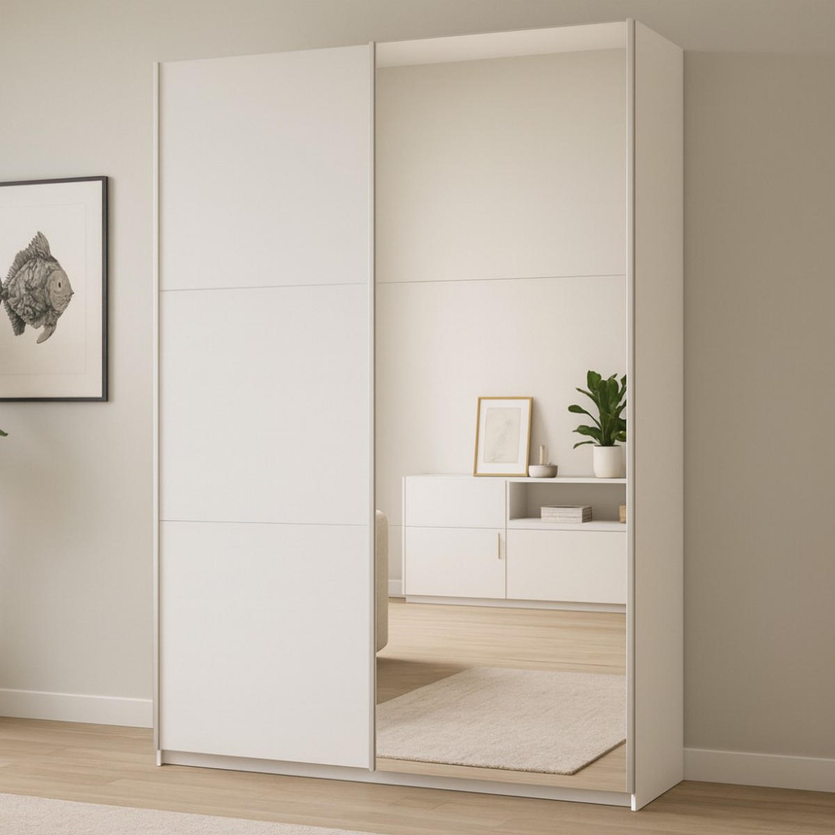 SCHWEBETÜRENSCHRANK Rossa mit 2 Türen und Spiegel, 200 cm, Weiß - Weiß, Holzwerkstoff (200/244/65cm) - Beautysofa