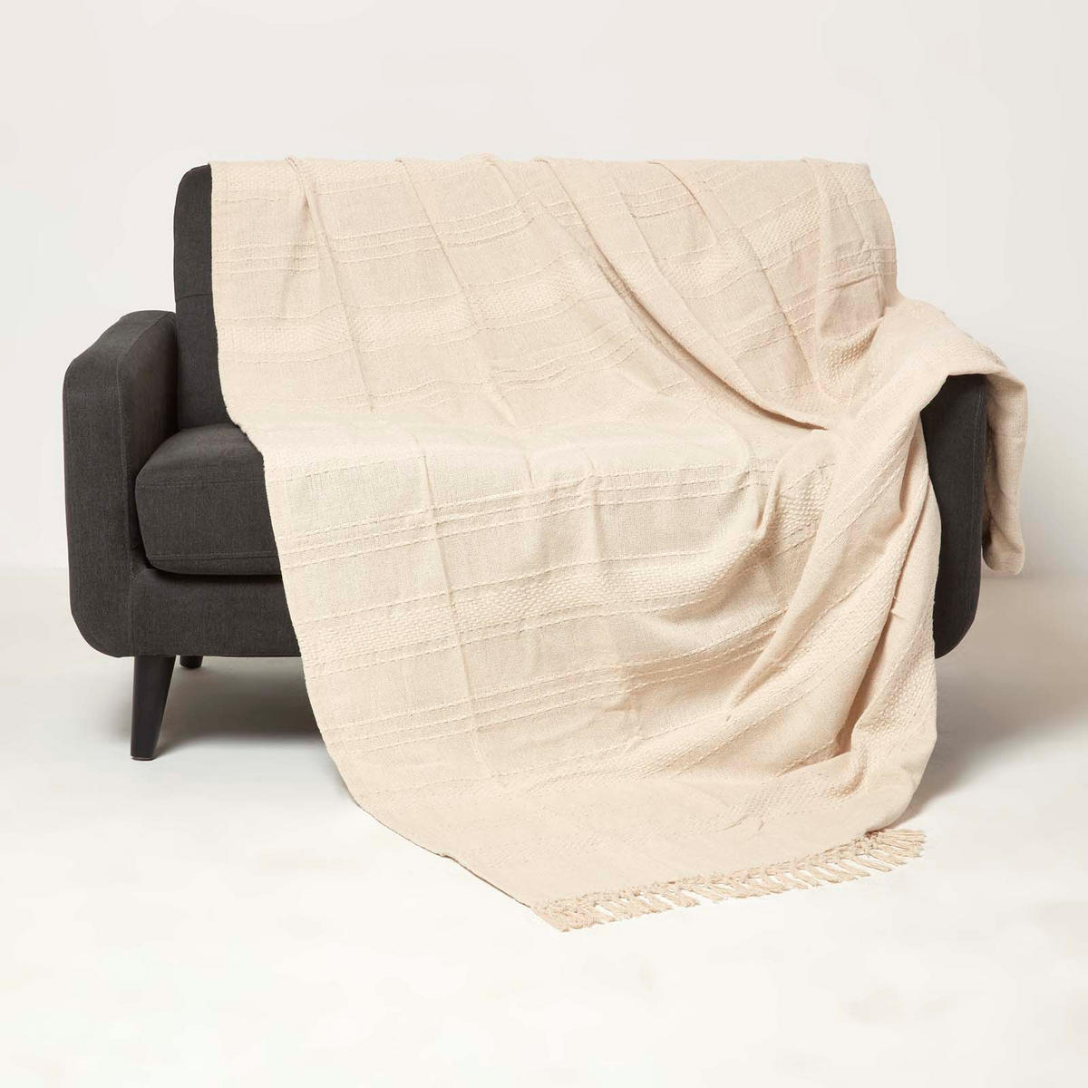 WOHNDECKE Kashi 150/200 cm, Baumwolle mit Fransen - Creme, Textil (150/200cm) - Homescapes