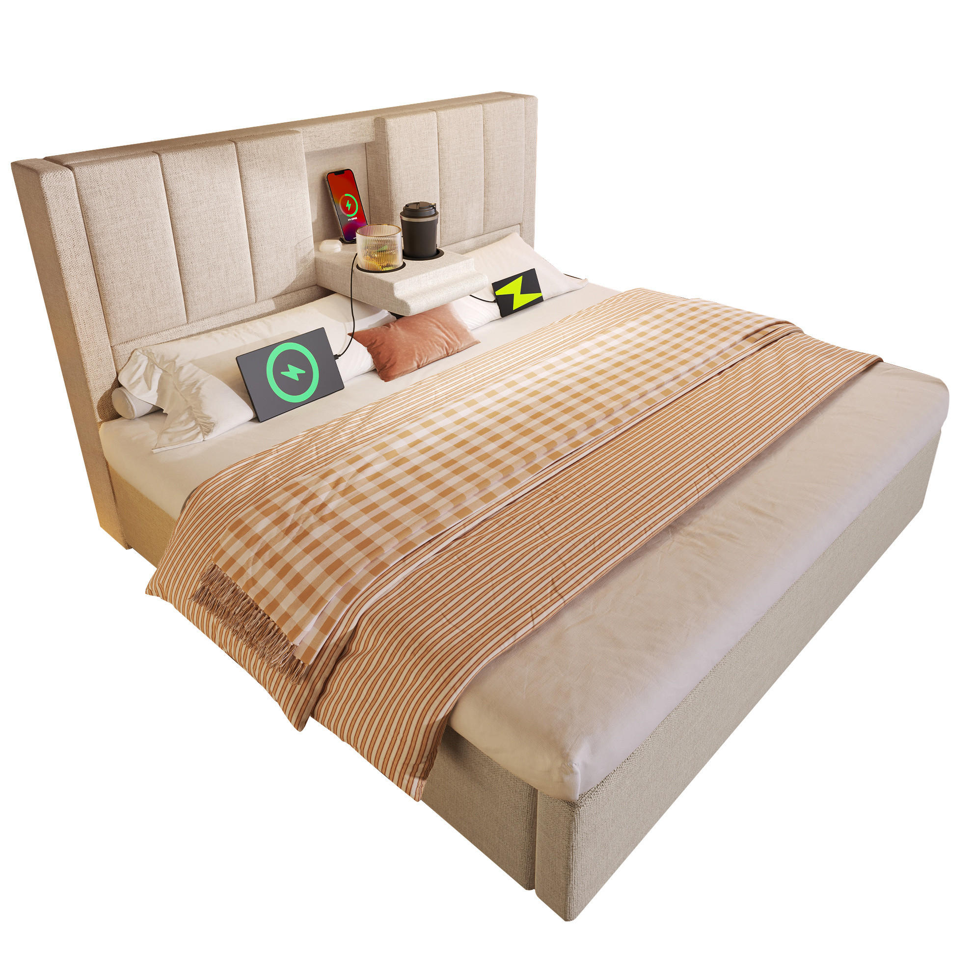 POLSTERBETT mit Stauraum und Ladestation 140x200 cm Leinen Beige - Beige, Metall (140/200cm) - Meubliv
