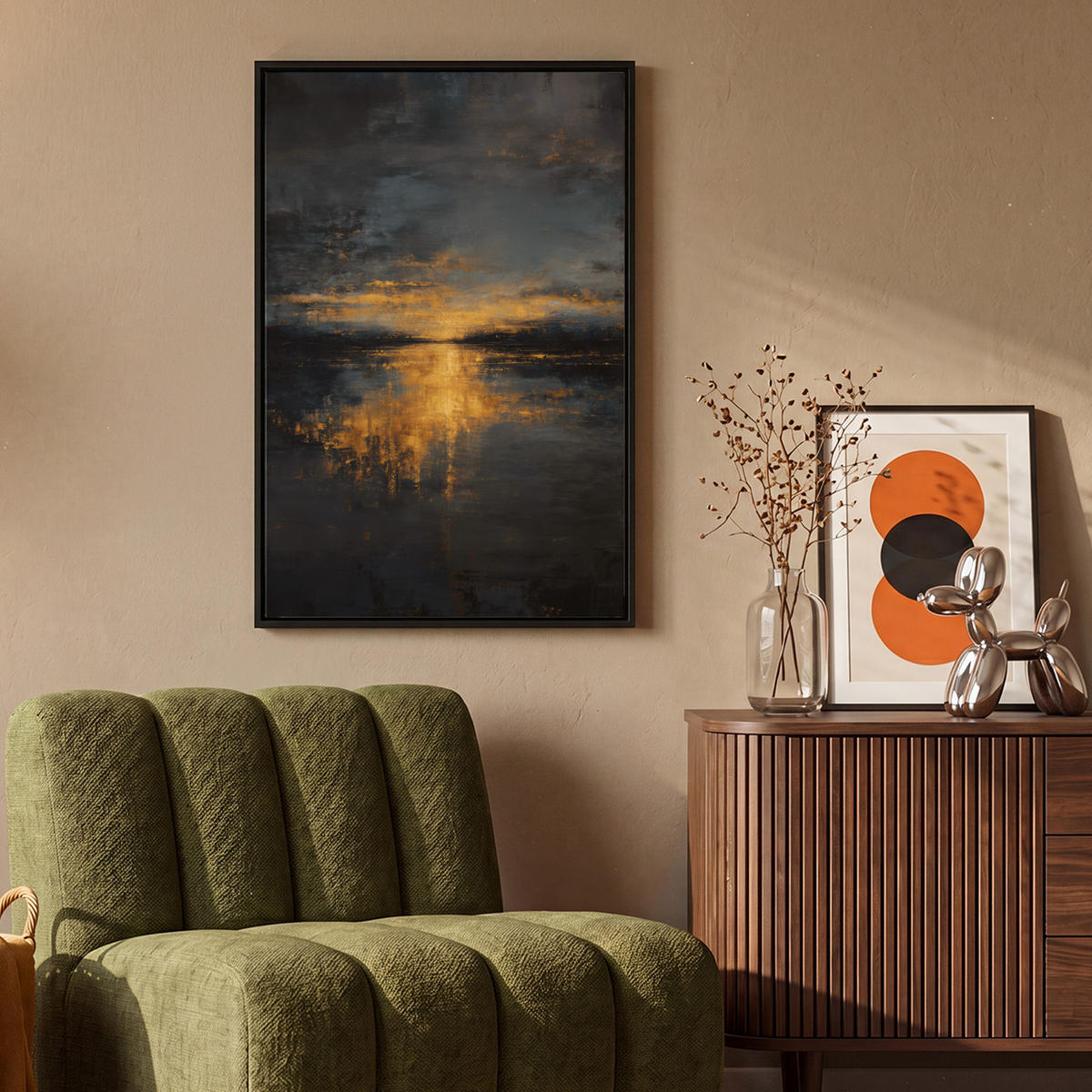 LEINWAND Bilder mit Rahmen - Goldene Reflexion auf dem Wasser - 60x90 - Anthrazit, Textil (60/90cm) - MuchoWow