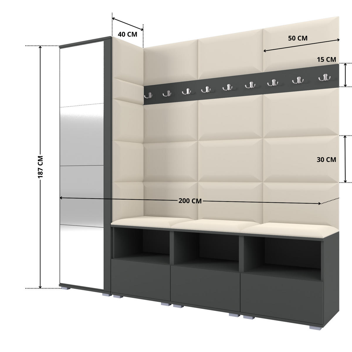 GARDEROBE NELA IX 200 cm (Modulare Flurmöbel Graphit mit Spiegel & Sitzpolster Creme 01 Breite Sitzbank) - Silberfarben/Creme, Holz/Holzwerkstoff (200/187/40cm) - Ravio
