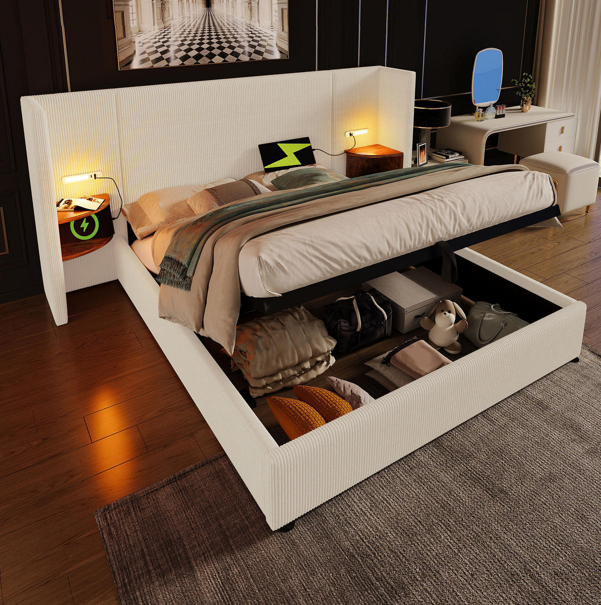 ČALÚNENÁ posteľ 180/200 cm s nočným panelom, LED čítacou lampou a USB/Type-C nabíjaním, úložný priestor, Beige-Weiß - béžová, textil (180/200cm) - Redom
