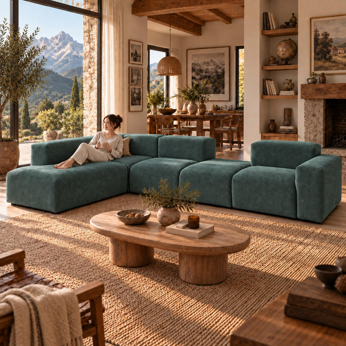 5-SITZER modulares Ecksofa HEAVEN SET 5 Links, Breite 380 cm Webstoff Dunkelgrün - Dunkelgrün/Schwarz, Holz/Kunststoff (380/245cm) - Muffo