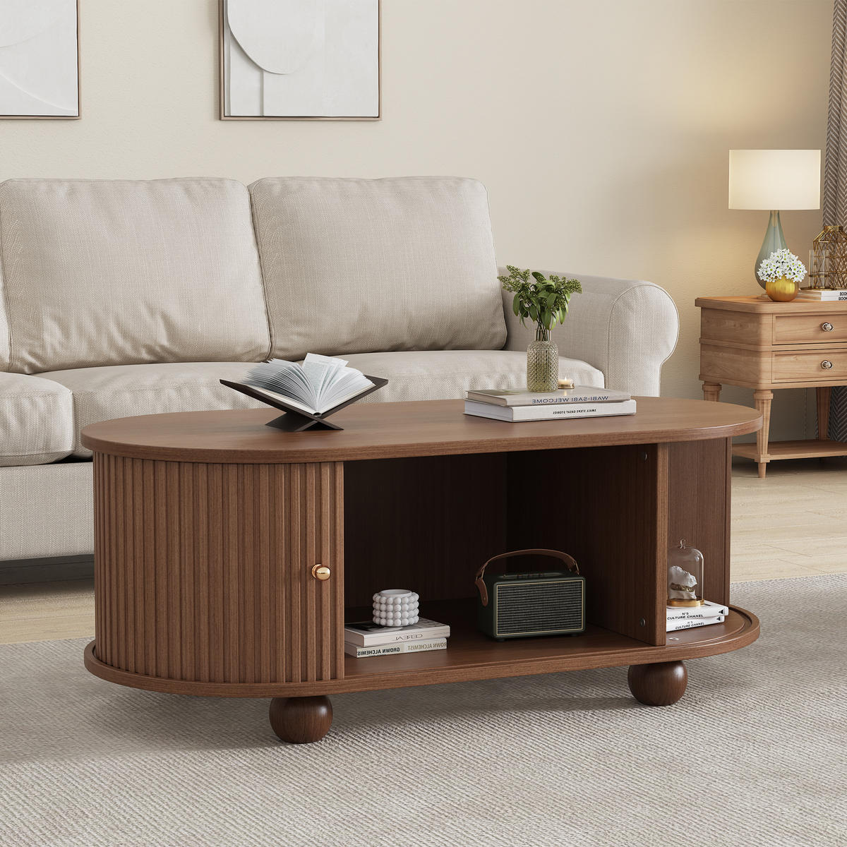 COUCHTISCH mit Stauraum und Schiebetüren Multifunktionsmöbel 100/50/40 cm - Walnussfarben, Holz/Holzwerkstoff (100/50/40cm) - EVRYAE