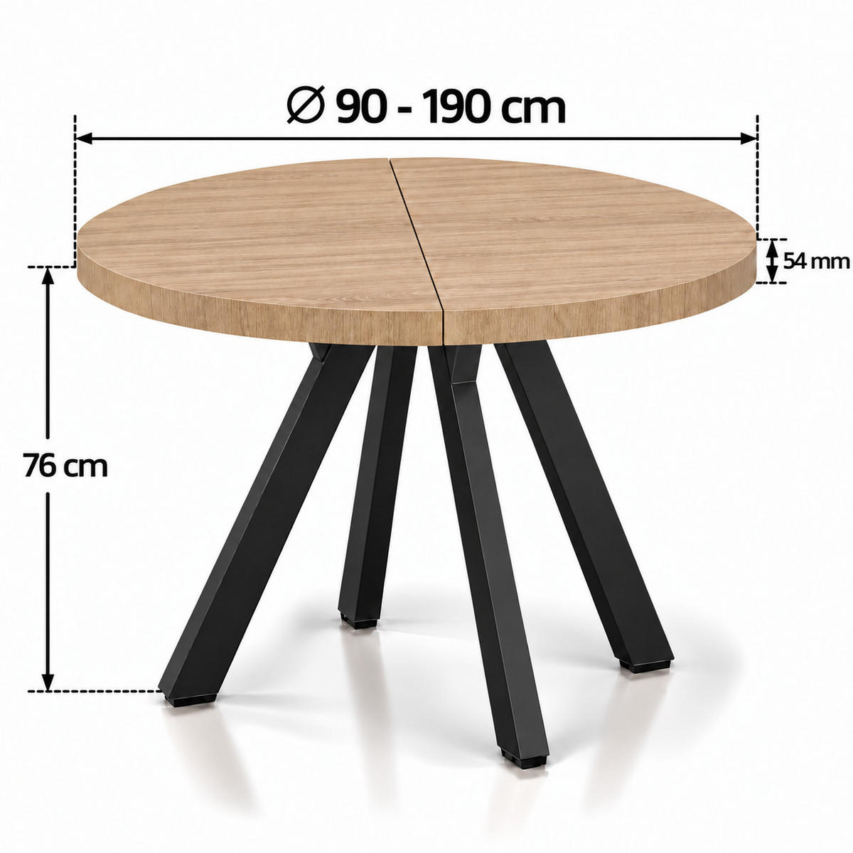 ESSTISCH rund ausziehbar 90/190/76 cm, Hellbraun Eiche Hikora Egger, 54 cm Tischplatte + Y Metallgestell Schwarz - Hellbraun/Eichefarben, Holzwerkstoff/Metall (90/190/76cm) - Damale Möbel